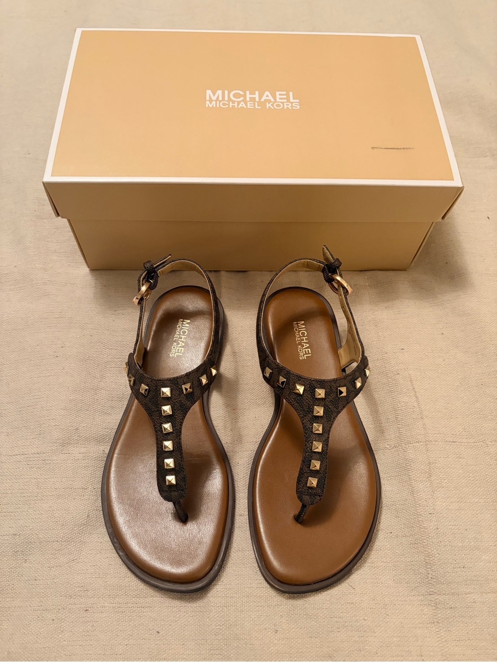 Michael Kors Dark Brown T-Strap Sandals with Gold Studs